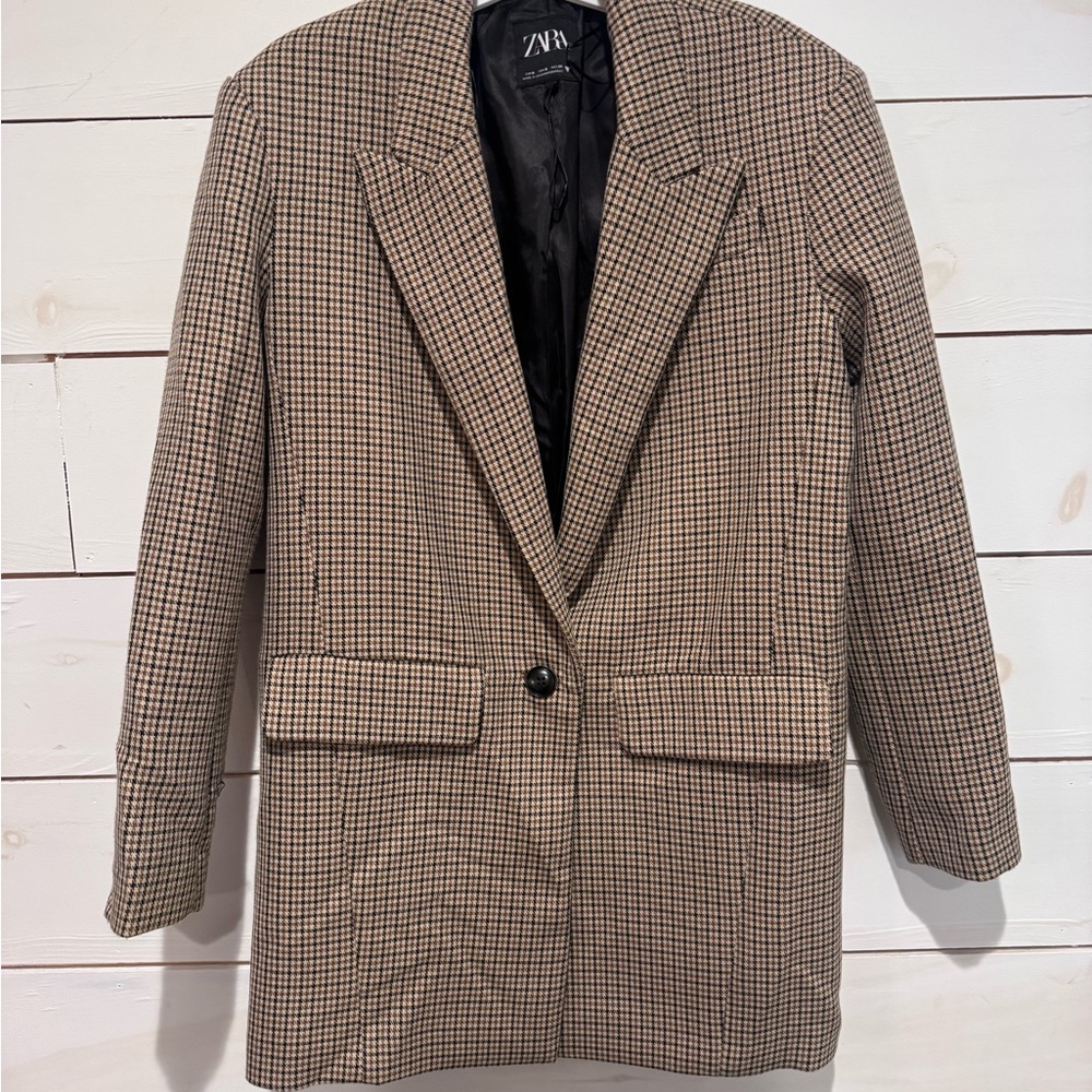 Zara Houndstooth Blazer in Brown and Black